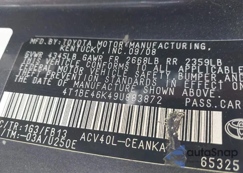 2009 Toyota Camry Le from USA, damaged, VIN 4T1BE46K49U883872